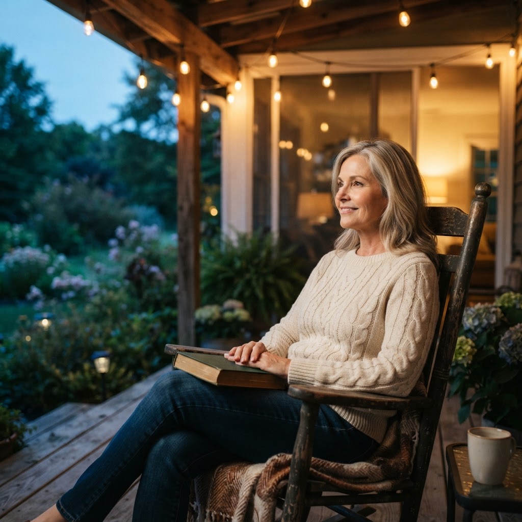 A woman in her 50s relaxing on her porch at dusk with warm string lights, looking ahead with quiet optimism
