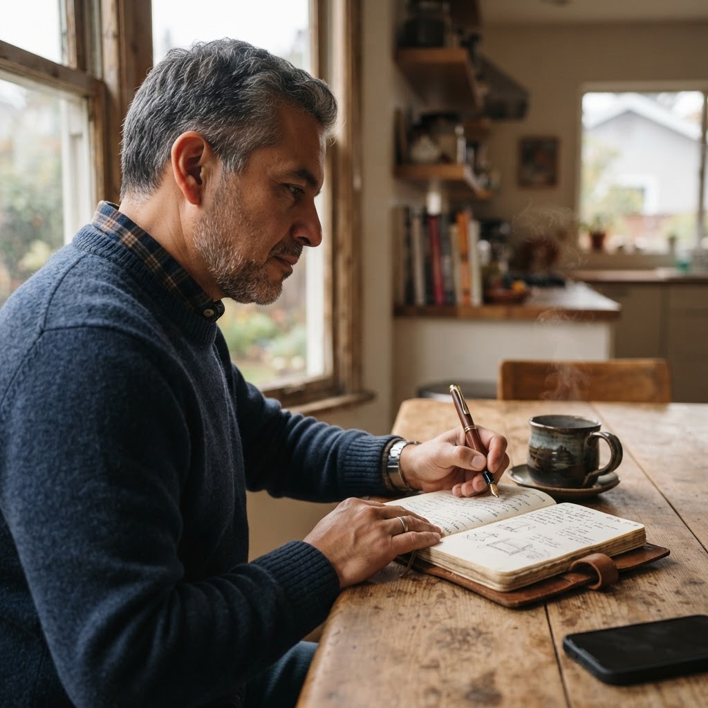 A man in his 50s doing a Saturday morning audit with a notebook and coffee at his kitchen table