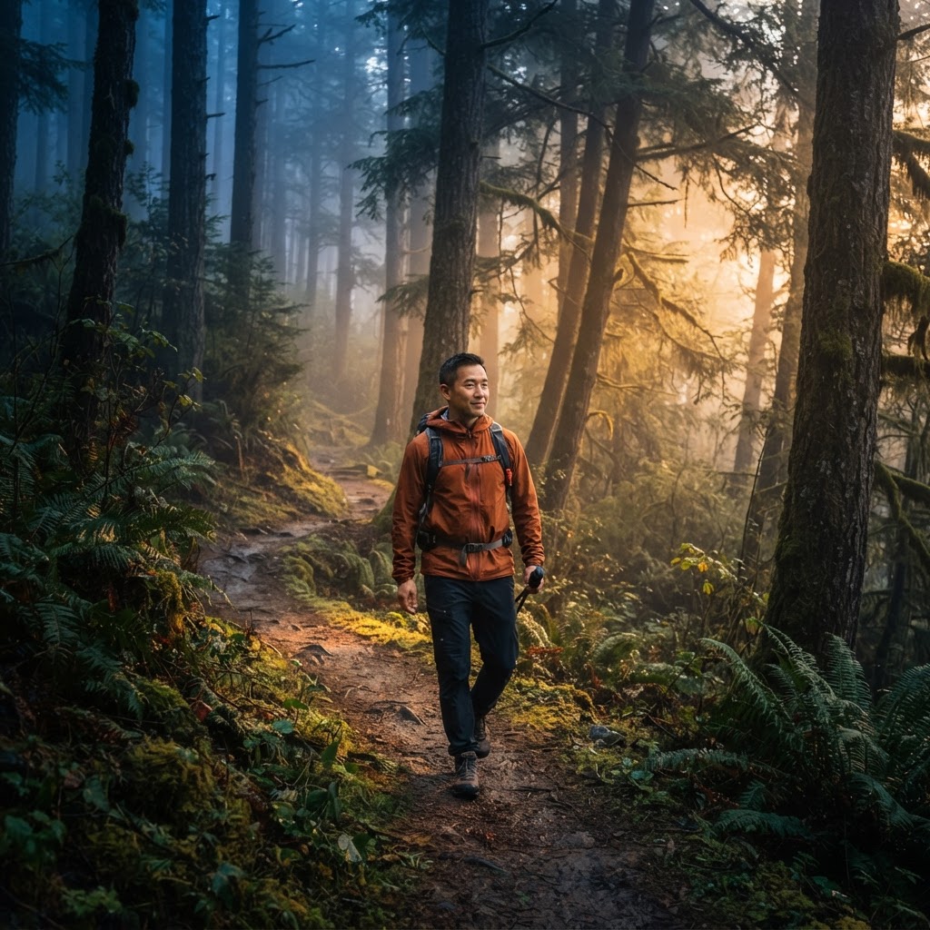 A man in his 40s hiking a forested trail at dawn, embodying rest as strategy