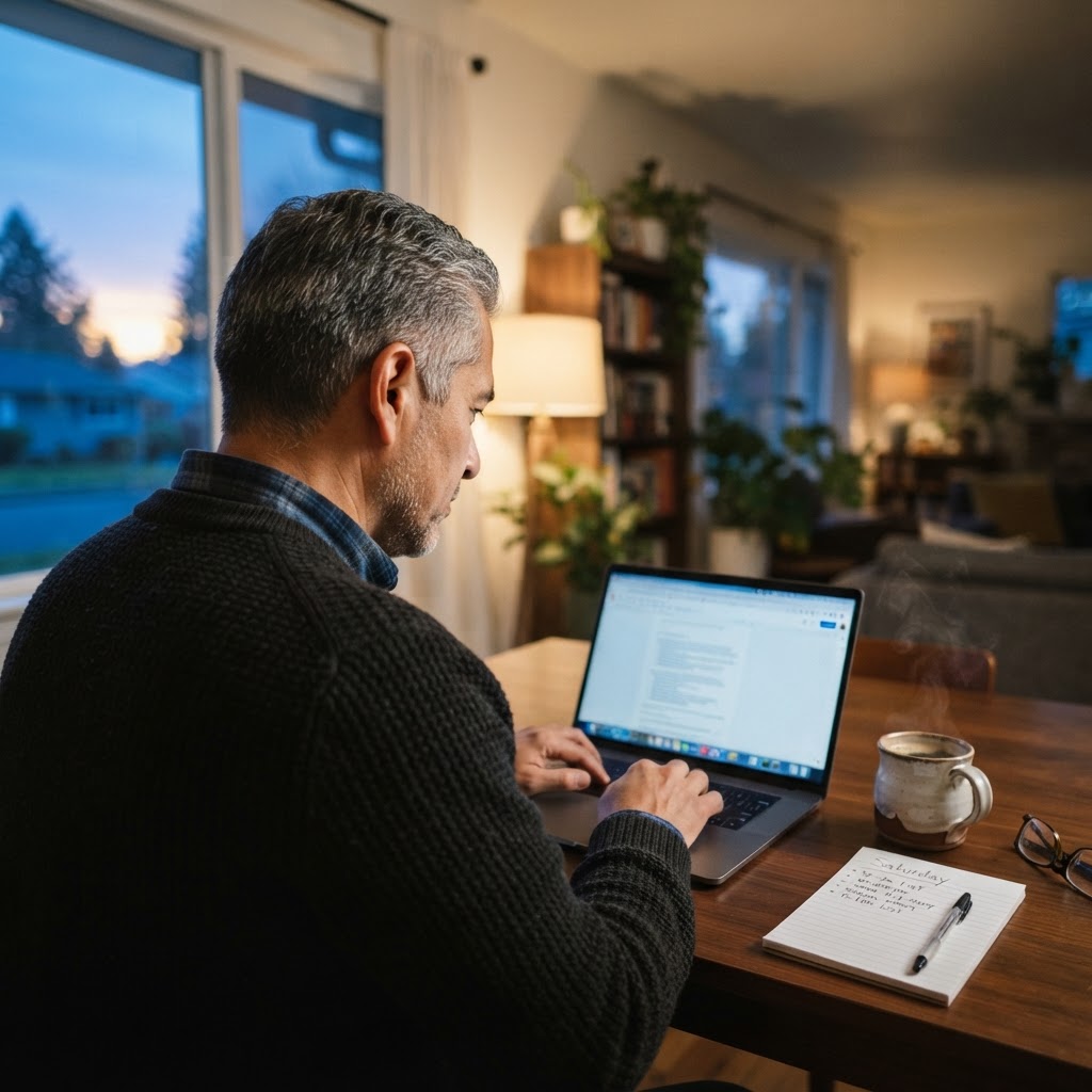 A Latino man in his 50s working on his laptop early on a Saturday morning at a cozy dining table