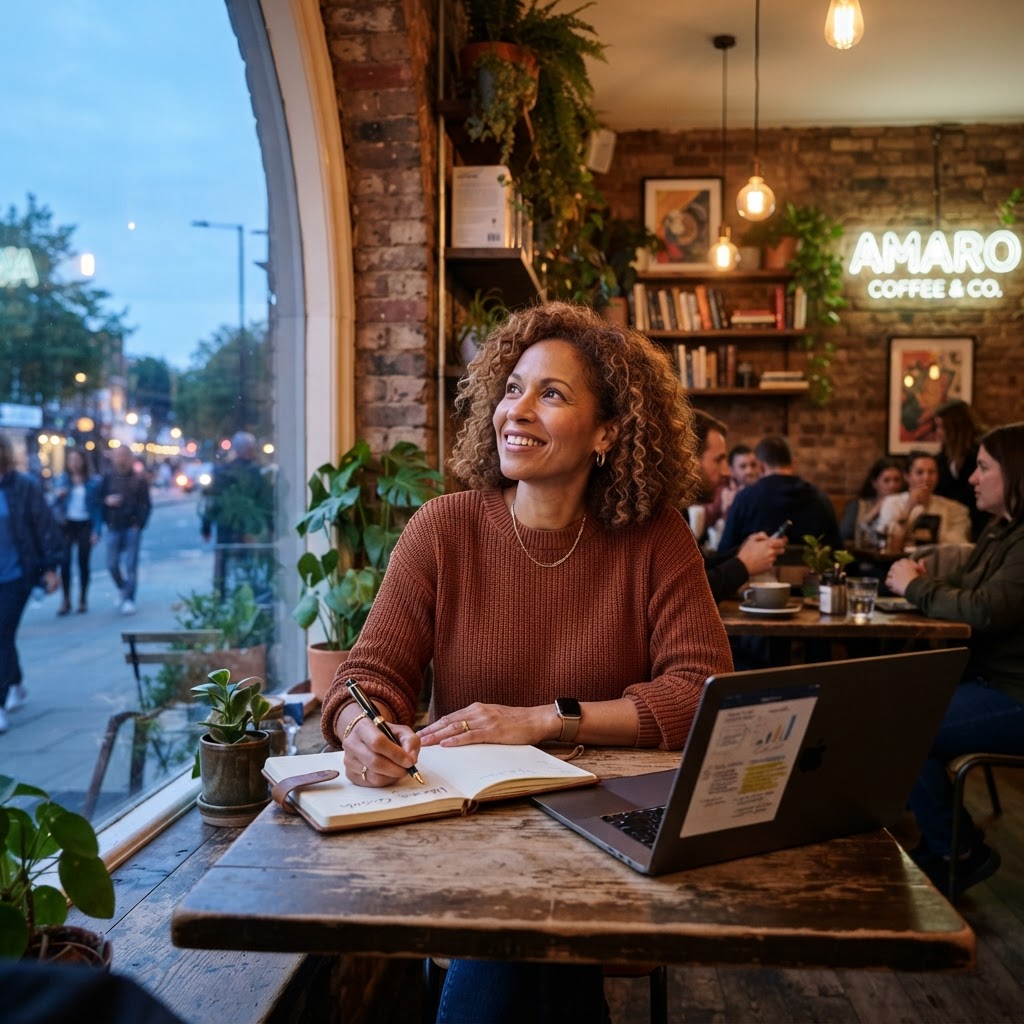 A mixed-race woman in her 40s writing at a café table with a notebook and laptop, looking energized and forward-looking