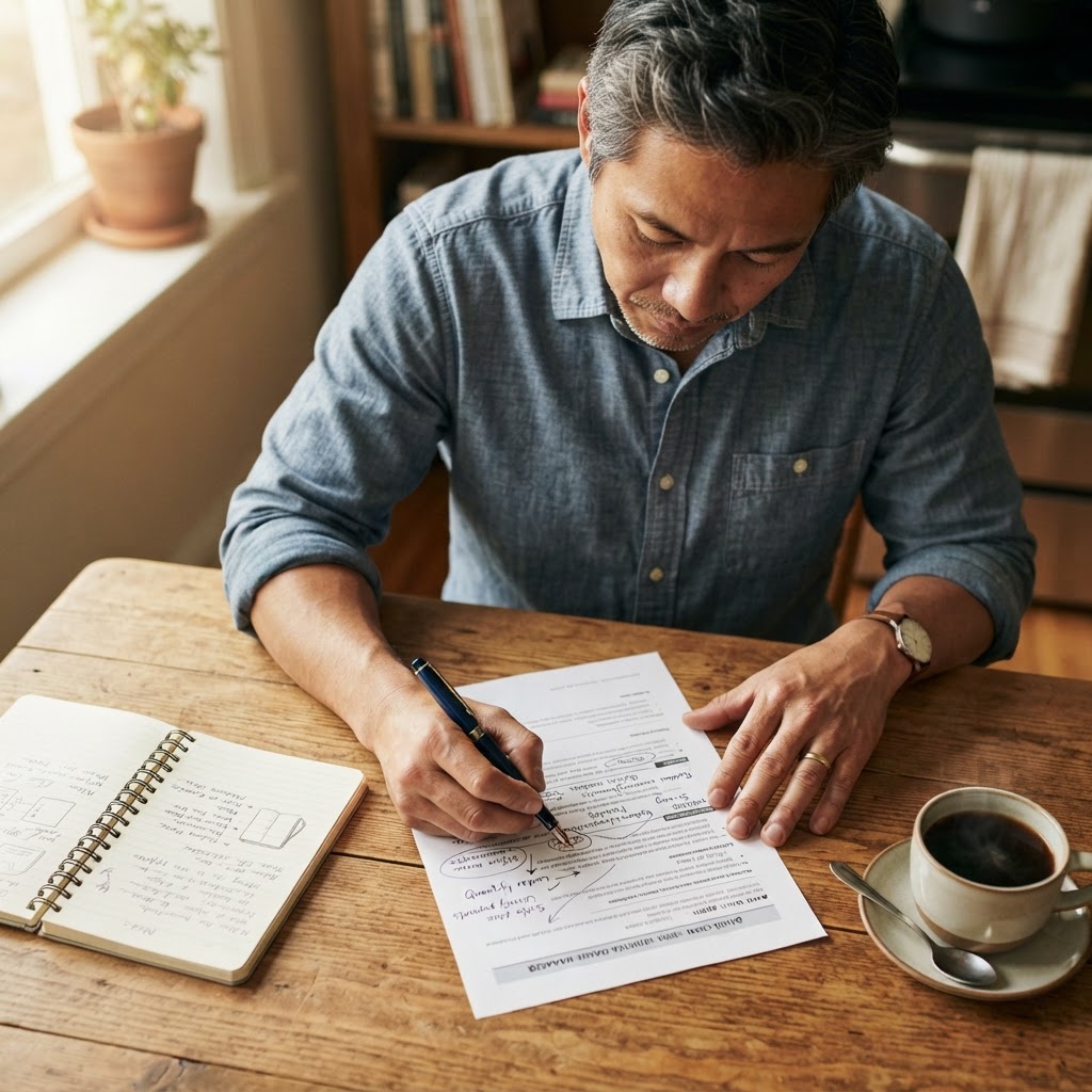 An Asian man in his 40s marking up his resume with handwritten notes at a kitchen table in morning light
