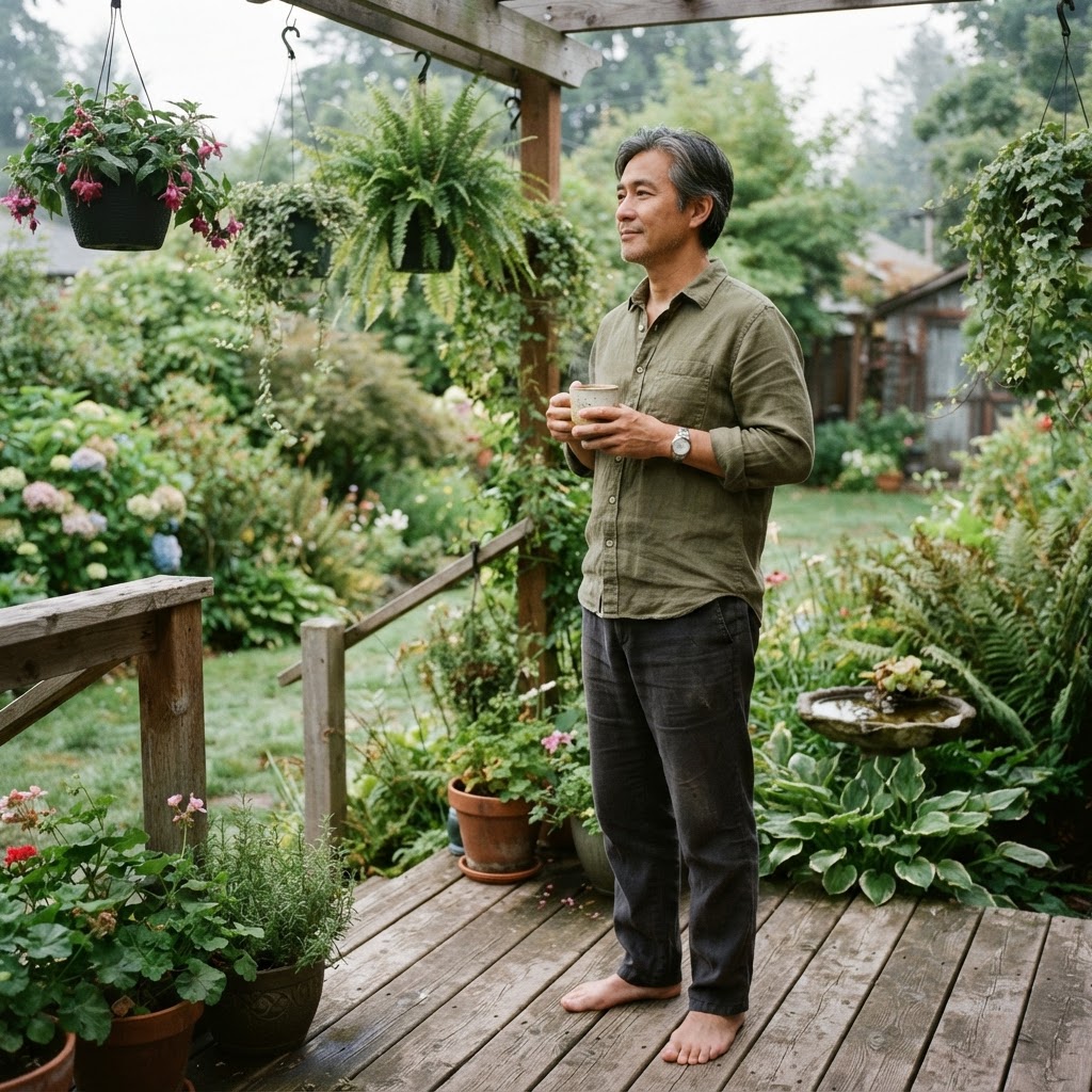 A man in his early 50s standing barefoot on a backyard deck with morning coffee, looking out at the garden