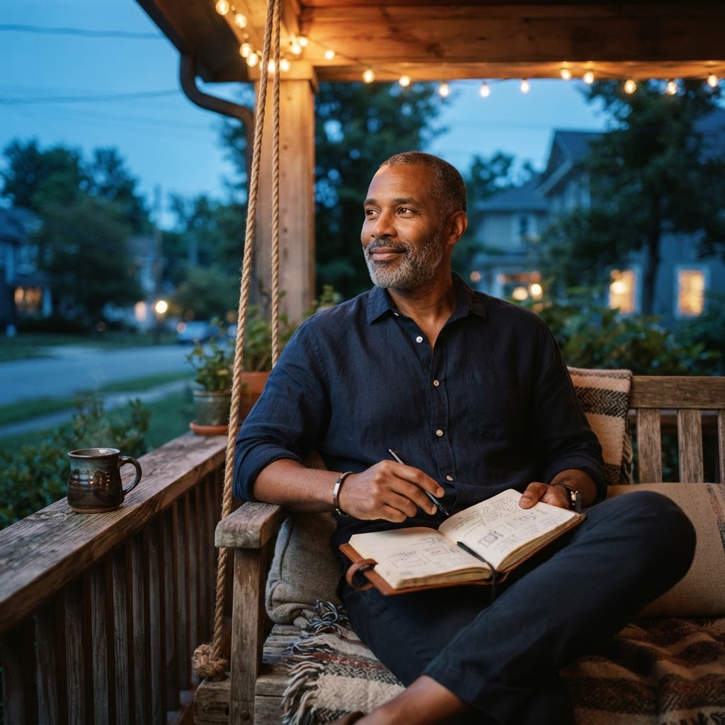 A man in his late 40s sitting on a front porch swing at dusk with string lights overhead, journaling peacefully