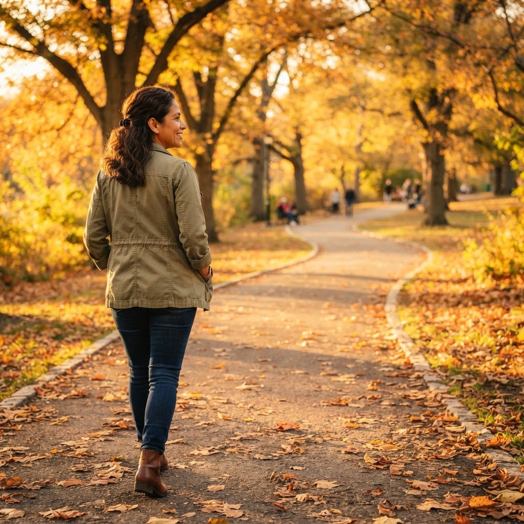 A woman in her mid-40s walking through a neighborhood park path in warm afternoon light, hands in her jacket pockets