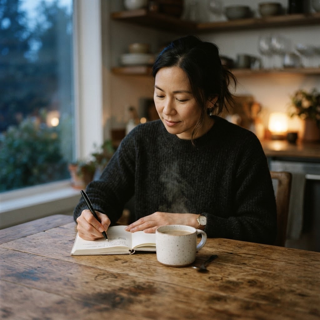 A woman in her 40s doing her morning reset at a kitchen table with coffee and a notebook at dawn