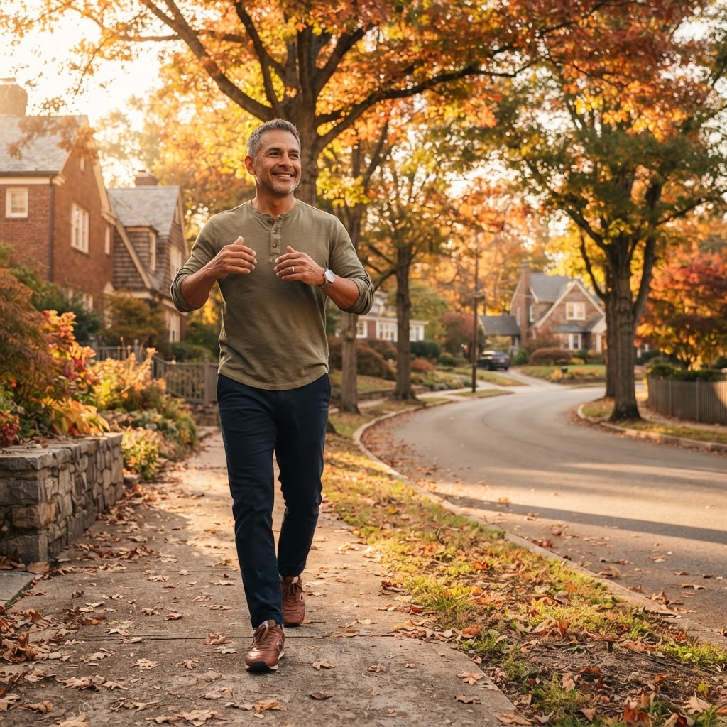 A Latino man in his 50s stretching on a tree-lined residential sidewalk in morning golden hour light
