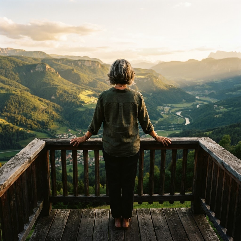 A woman in her 50s standing on a balcony overlooking greenery, looking forward with quiet confidence