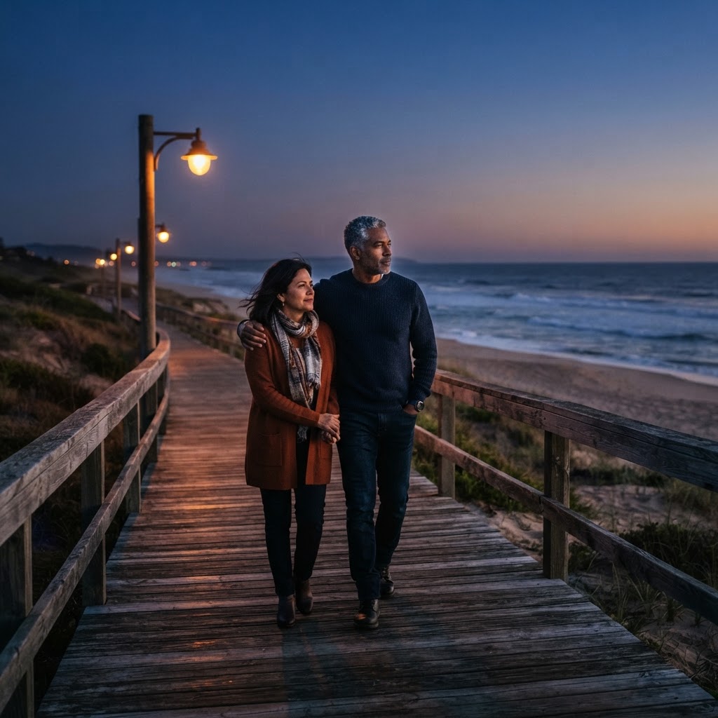 A mixed-race couple in their 50s walks together along a coastal boardwalk at dusk, looking toward the horizon