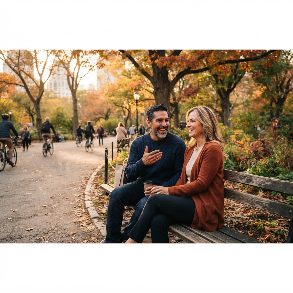Two professionals in their 40s share a genuine conversation and laughter on an outdoor park bench