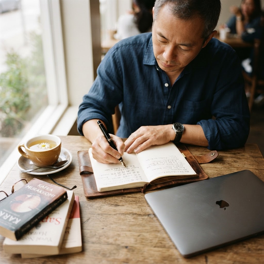 An Asian man in his 50s writes in a journal at a cafe table, laptop closed beside him