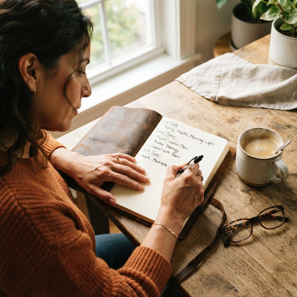 A woman writing decisively in a journal at a bright kitchen table with coffee