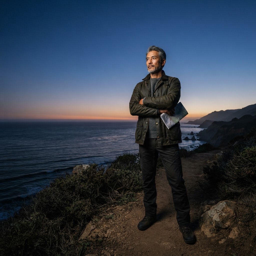 An Asian man in his 50s standing confidently on a coastal trail at blue hour