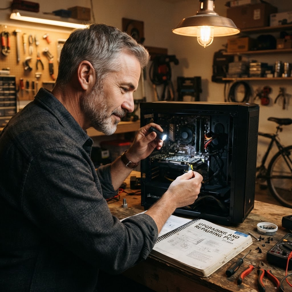 A man in his 50s examining the internals of an open computer tower at a workbench