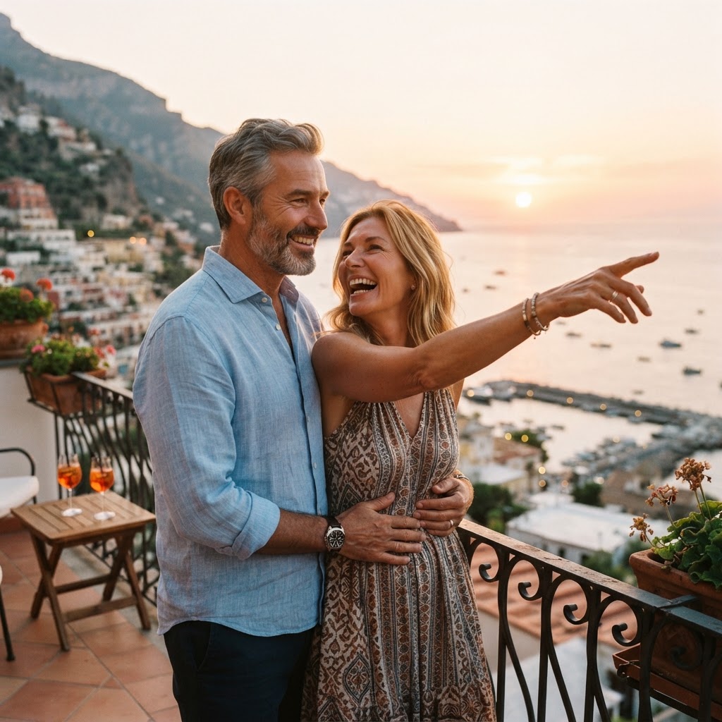 A couple in their 50s sharing a joyful moment on a coastal hotel balcony at sunset