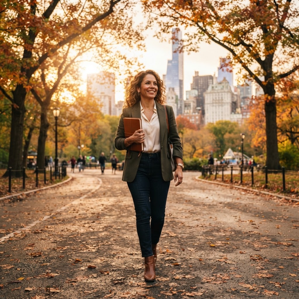 A Latina professional walking purposefully along a tree-lined urban park path in the late afternoon