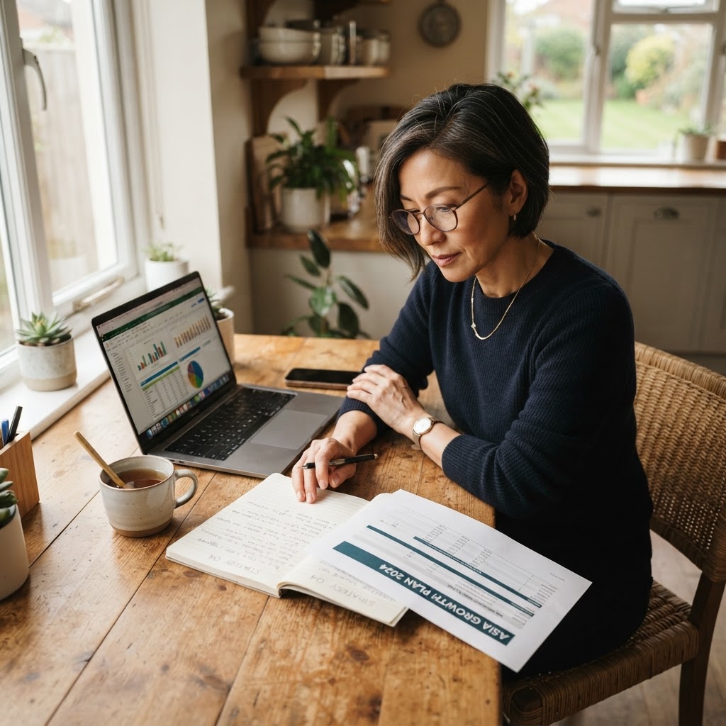 An experienced professional woman reviewing handwritten strategy notes and a laptop at her kitchen table