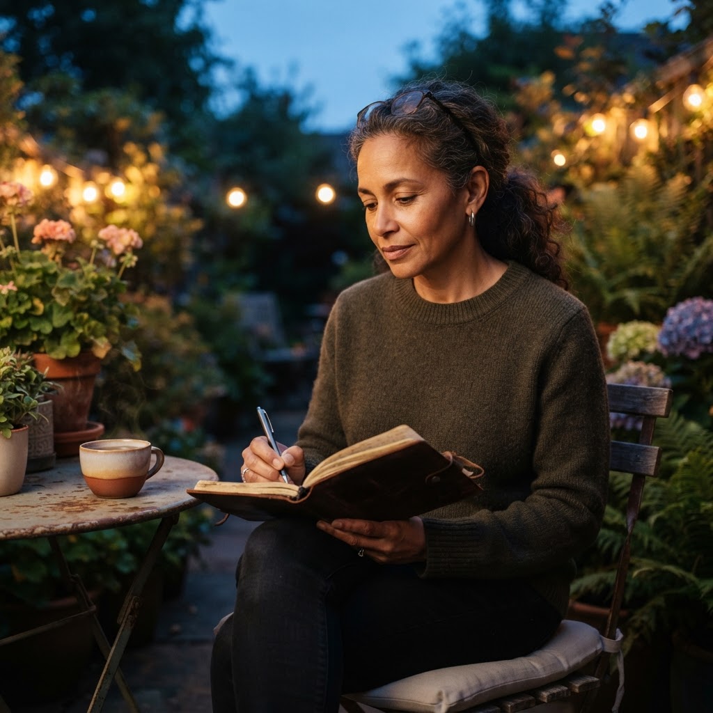 A mixed-race woman in her 50s sitting on an outdoor patio at dusk, writing reflectively in a journal