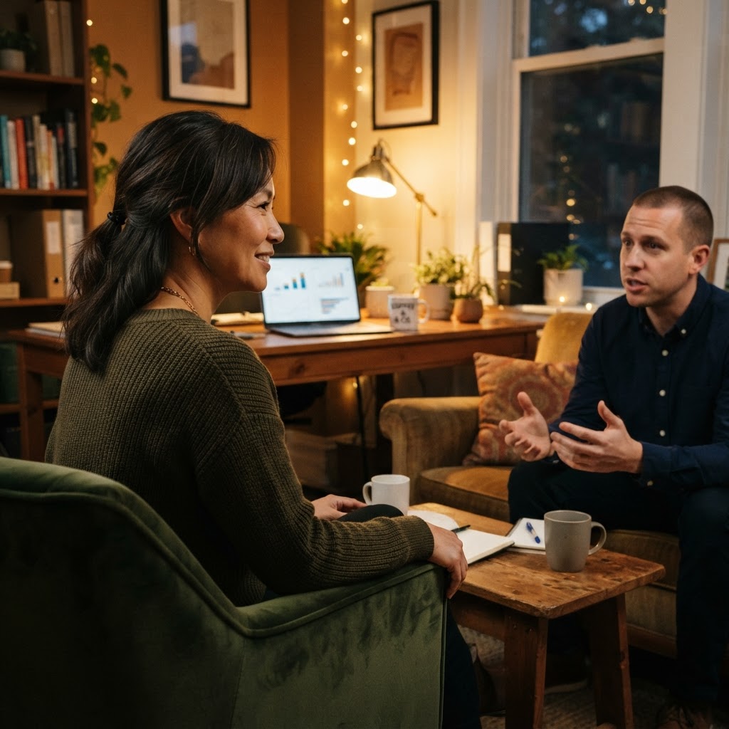 An Asian woman leader in her 40s listening attentively to a colleague in a warm office setting