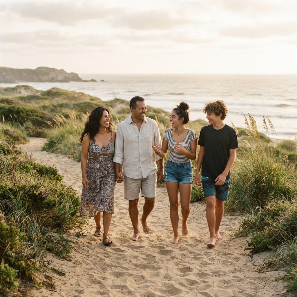A Latino family walking together on a coastal beach path at golden hour, fully present and unplugged