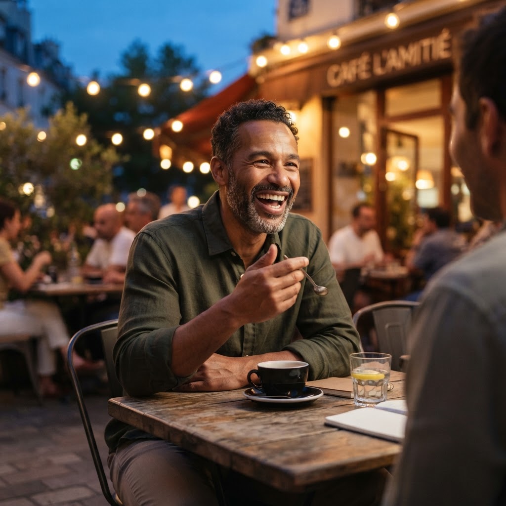 A mixed-race man in his 40s laughing warmly with a stranger at an outdoor café table at dusk, gesturing openly