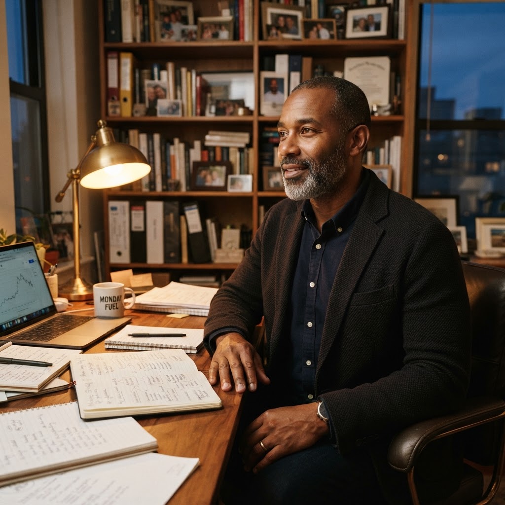 A Black professional in his late 40s sitting at a warm home office desk, deep in thought with handwritten notes spread around him, soft amber lamp light