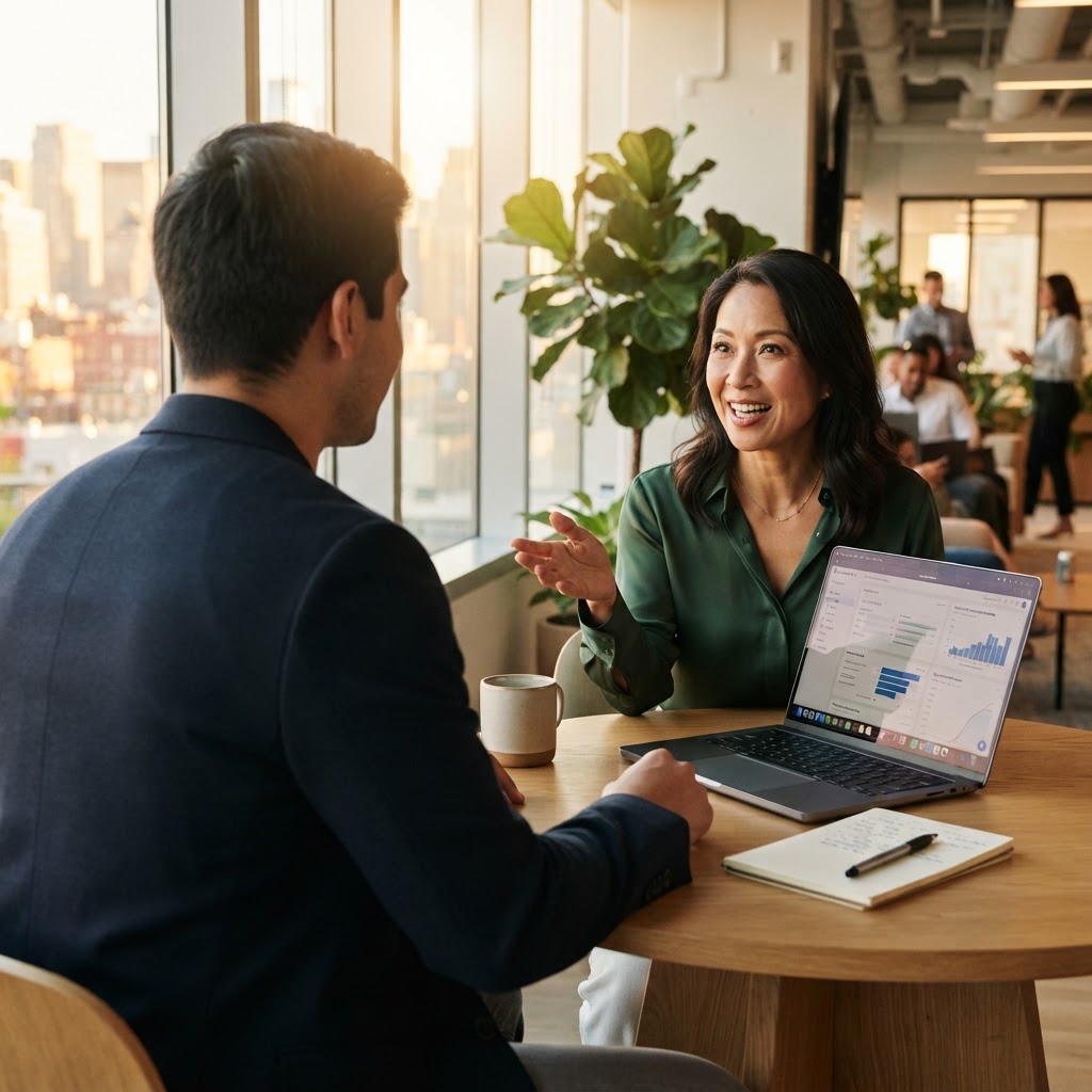 An Asian woman in her 40s mentoring a younger Latino colleague at a sunlit office table, gesturing toward a laptop screen with a smile