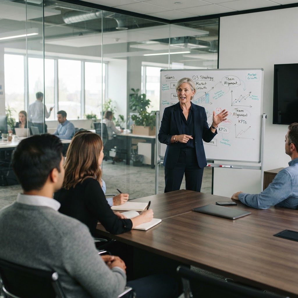A White woman in her 50s standing confidently in front of a glass-walled meeting room, speaking to engaged colleagues, soft overcast light