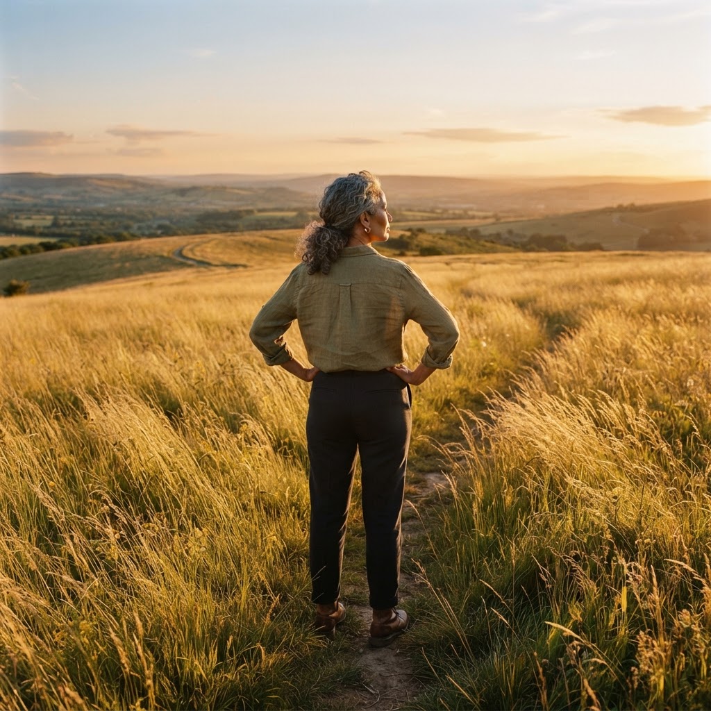 A woman in her 50s standing in an open field at golden hour, looking toward the horizon with quiet confidence