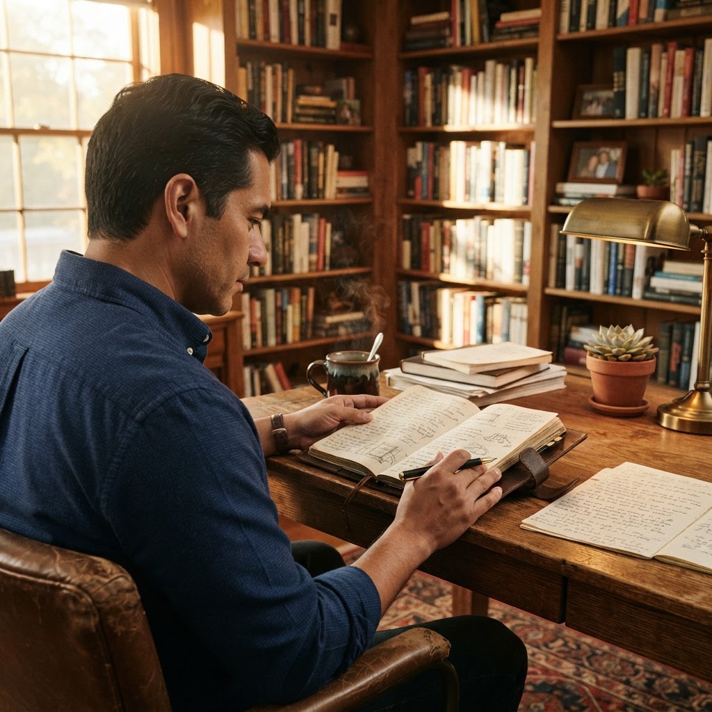 A man in his 40s at a sunlit wooden desk in a home study, reviewing a journal and planning with focused intention under warm lamp light