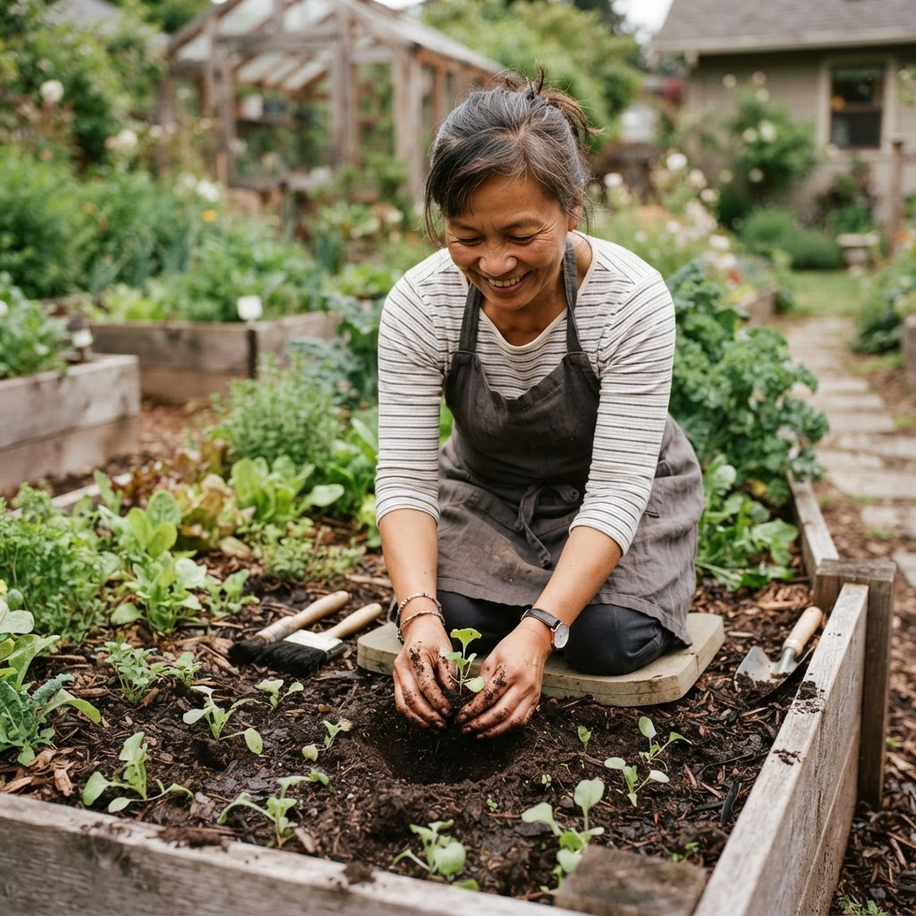 A woman in her 50s kneeling in a vegetable garden, hands in dark soil, planting seedlings with focused intention