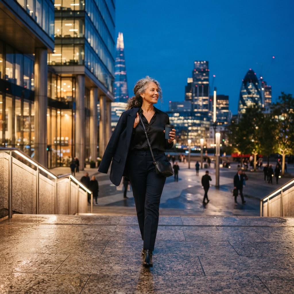 Mixed-race woman in her 50s walking down outdoor office building steps with purpose at dusk, coffee in hand, jacket over shoulder