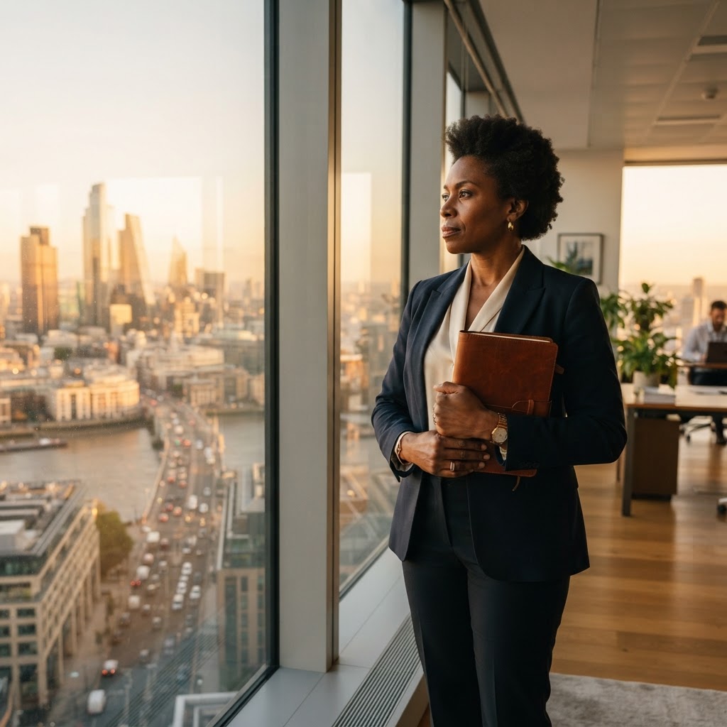 Confident Black professional woman in her late 40s standing thoughtfully at an office window overlooking the city skyline, holding a leather notebook