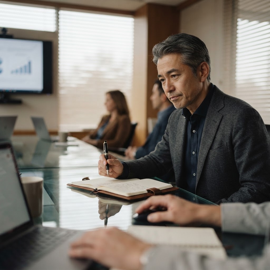 Asian man in his early 50s sitting at a conference table pausing mid-note with a hesitant expression while others discuss around him