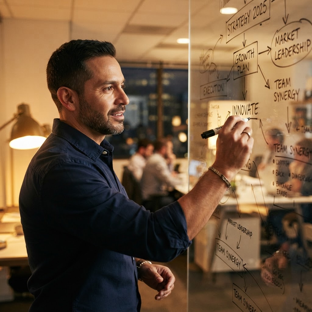Latino man in his 40s confidently writing strategy ideas on a glass office wall with a marker, energized and taking ownership