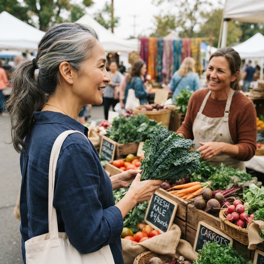 An Asian woman in her early 50s examining fresh produce at a farmers market stall in soft overcast light