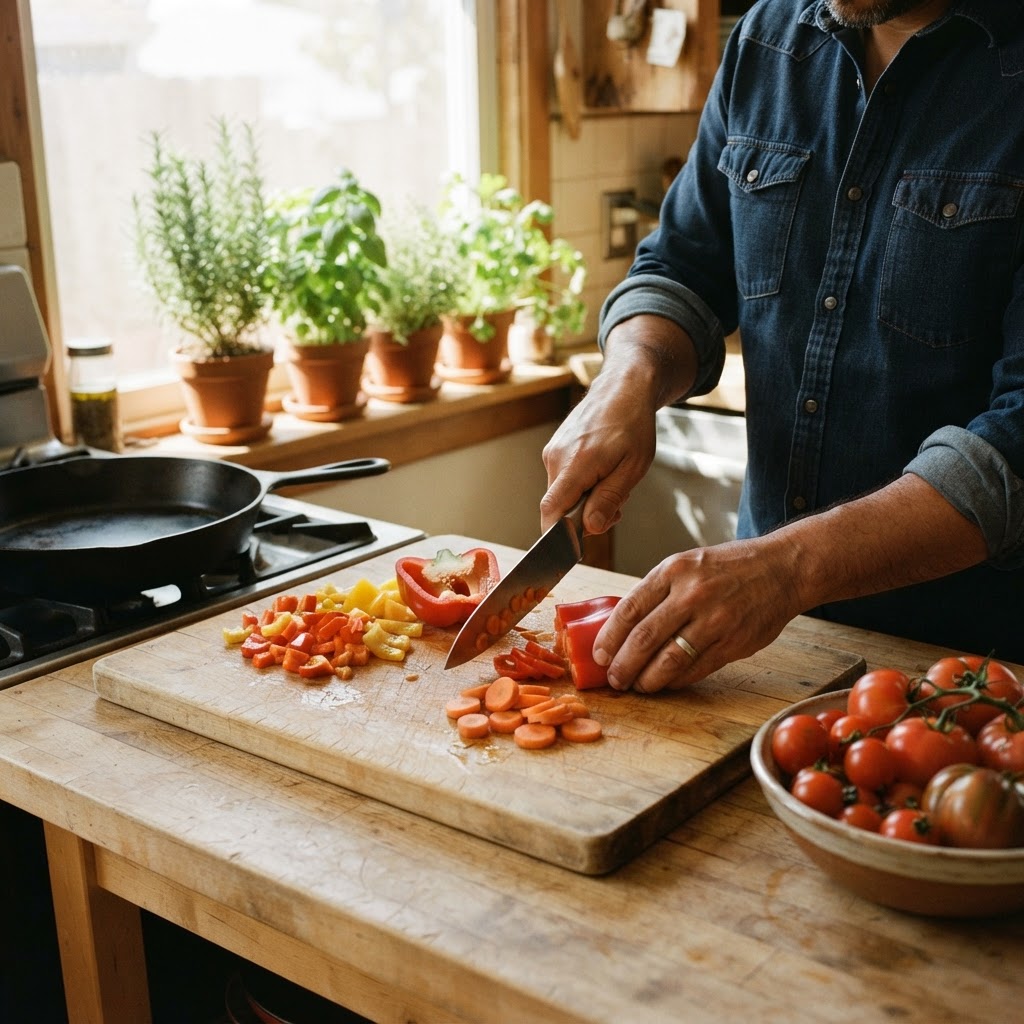 A Latino man in his mid-40s chopping fresh vegetables on a cutting board in a sunlit kitchen with herbs on the windowsill