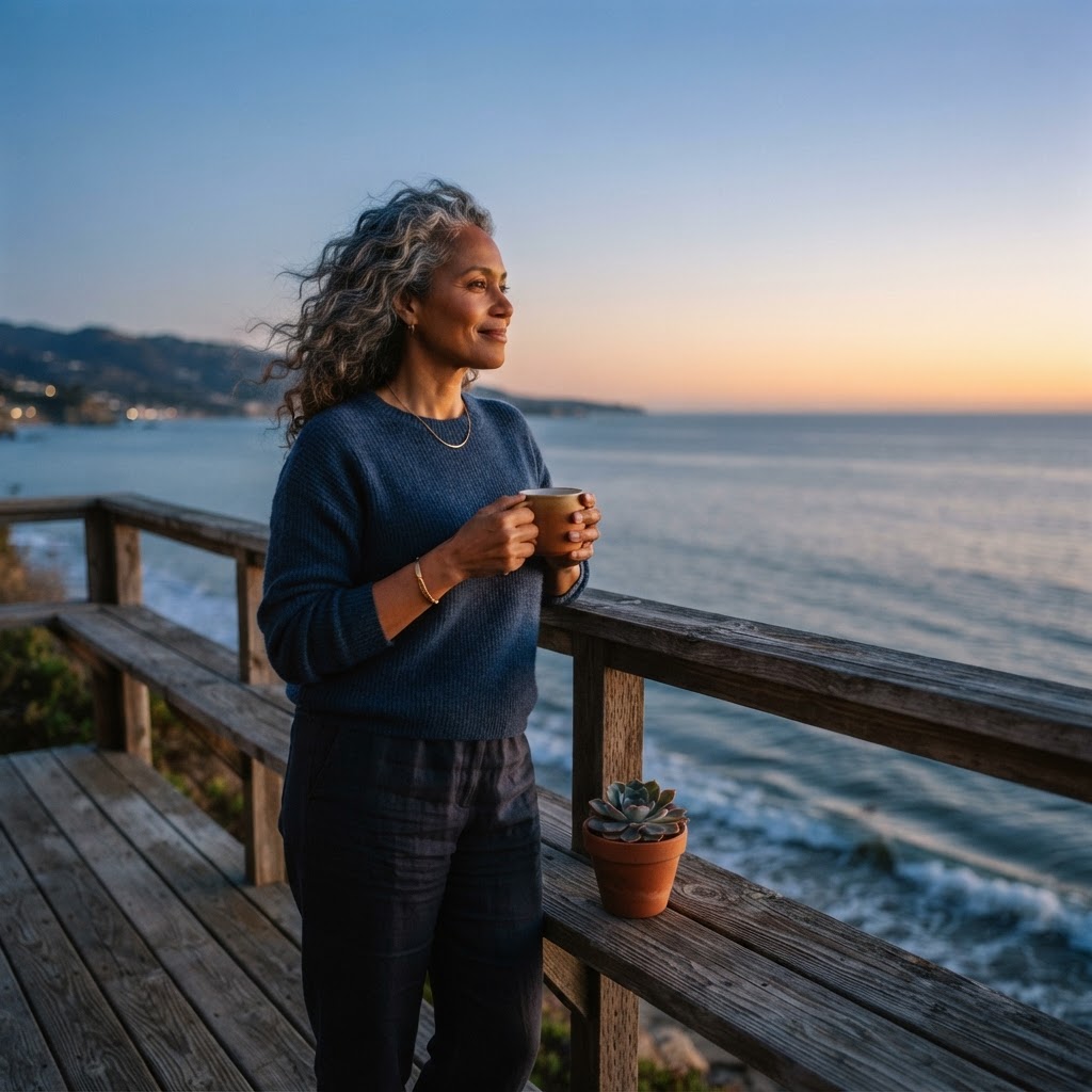 A mixed-race woman in her early 50s on a coastal deck at blue-hour dusk, leaning on the railing with a mug, looking out at the horizon