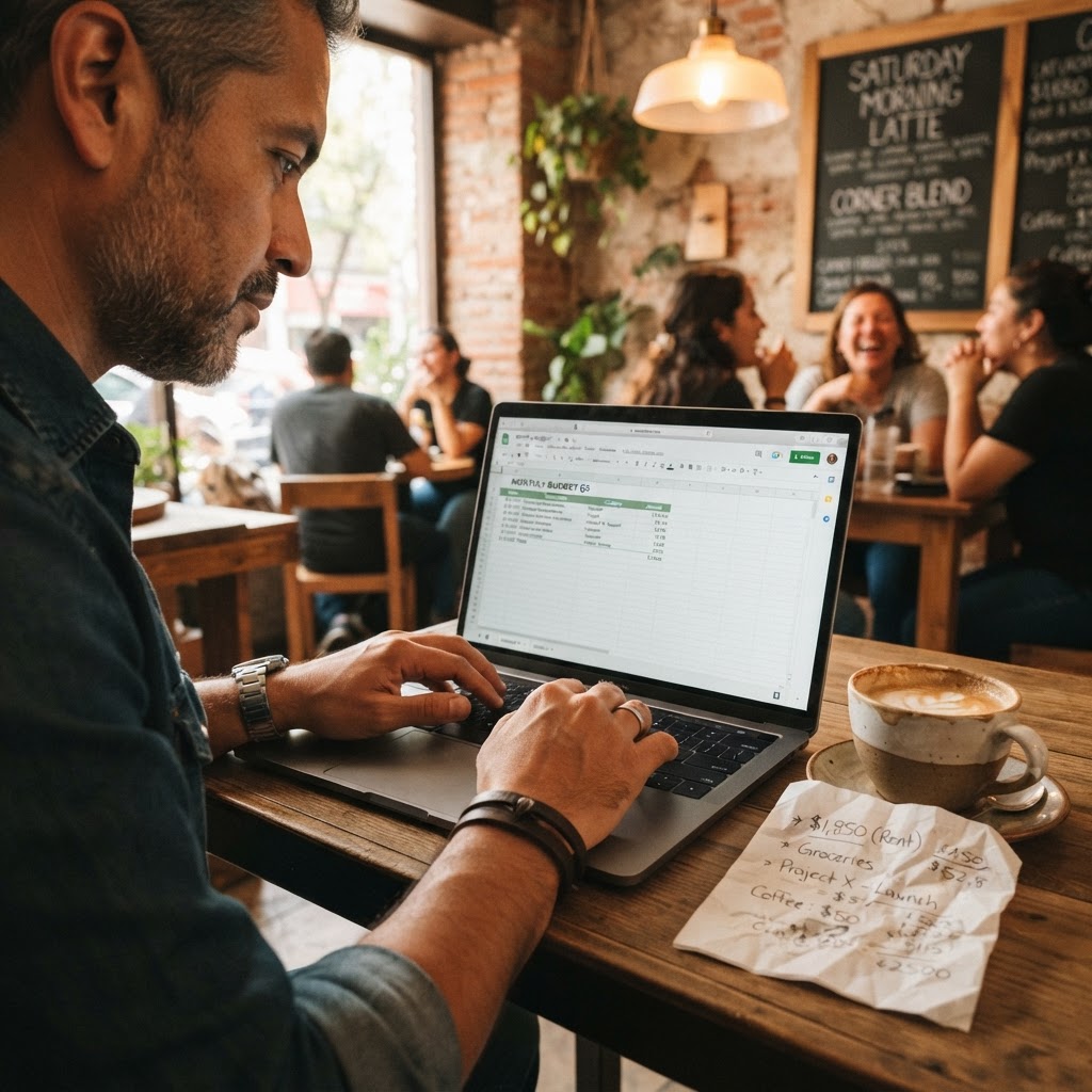 A man in his 40s working on a side hustle laptop at a café on a Saturday morning