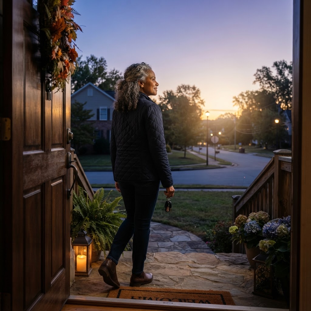 A woman in her 50s stepping out her front door at dawn, starting something new