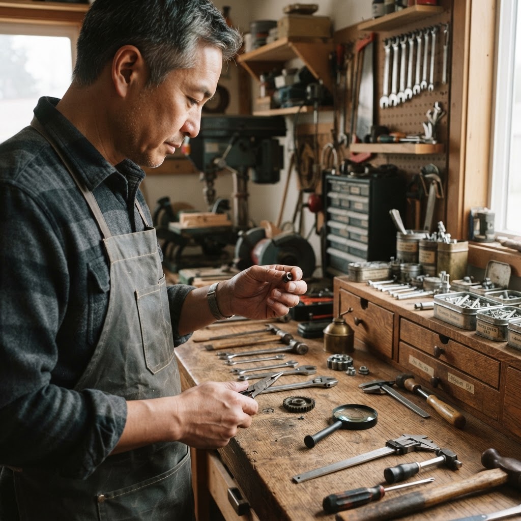 An experienced man in his 50s examining organized tools on a workbench, representing decades of hands-on knowledge