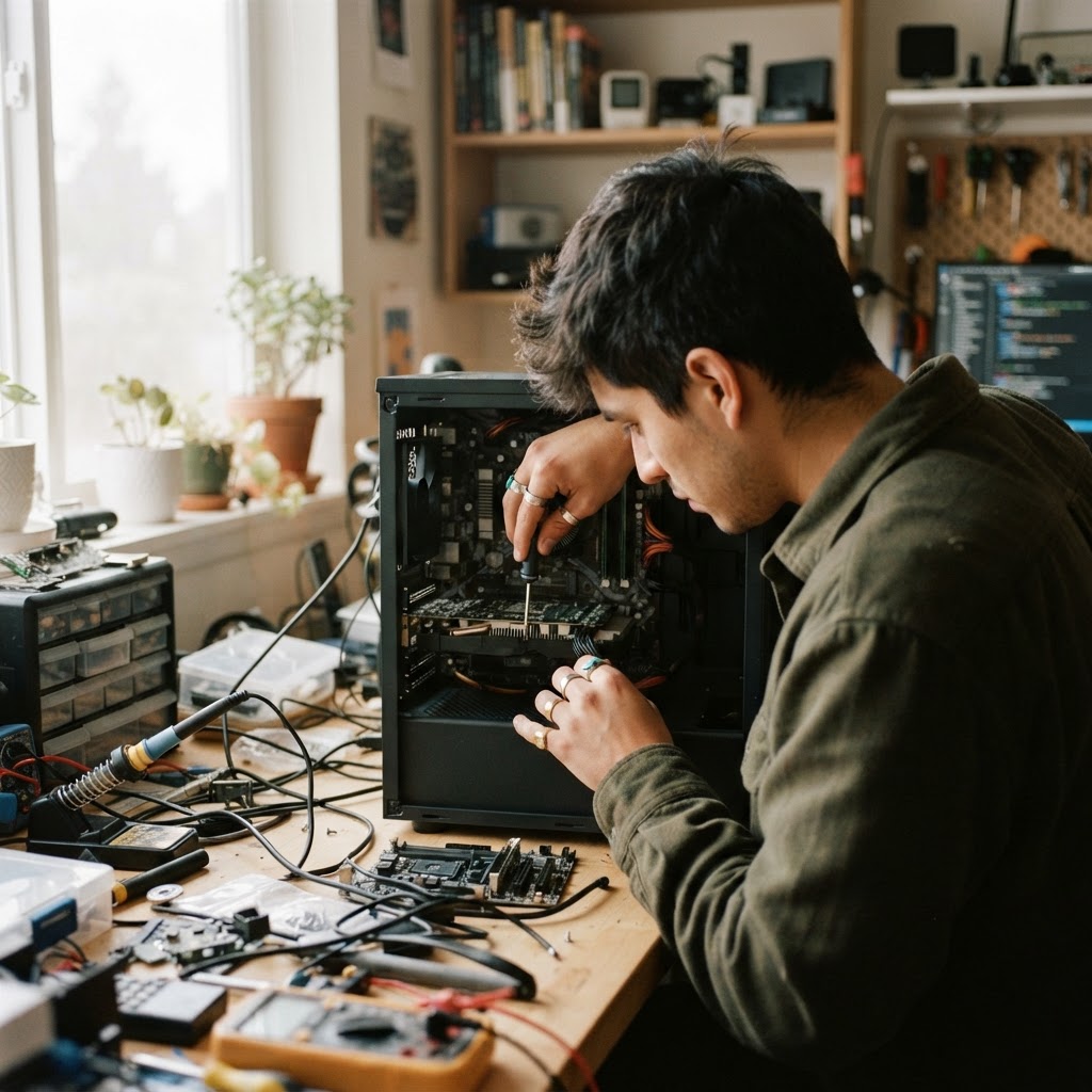 A young Latino man with rings on his fingers intently working inside an open desktop computer tower at a cluttered workbench