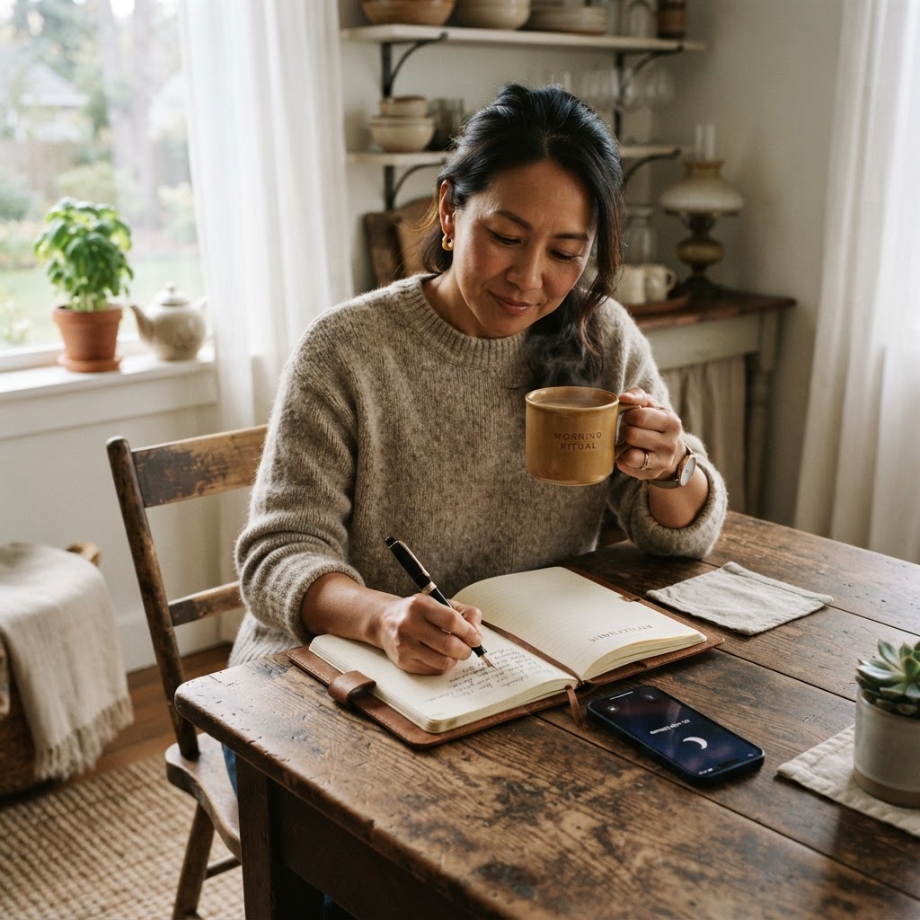 An Asian woman in her 40s sitting at a sunlit kitchen table journaling with a phone face-down showing Do Not Disturb