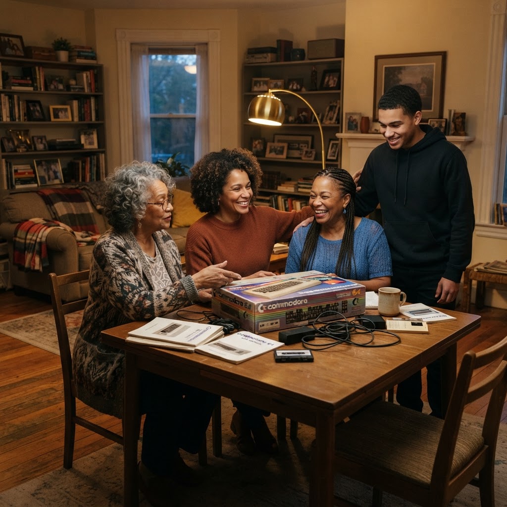 Three generations of women gathered around a table, one placing a hand on a young man's shoulder in a gesture of belief