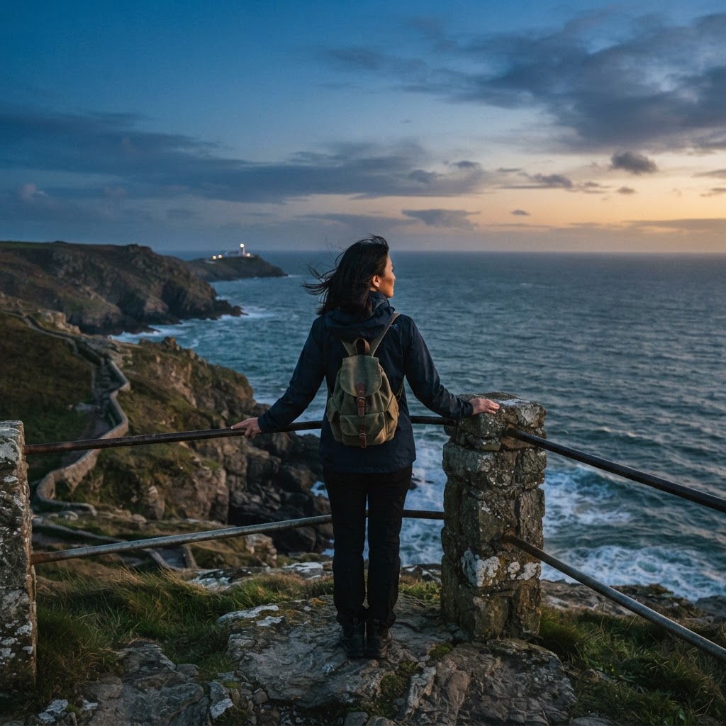 An Asian woman in her 40s standing at a scenic coastal overlook at dusk, looking out with accomplishment