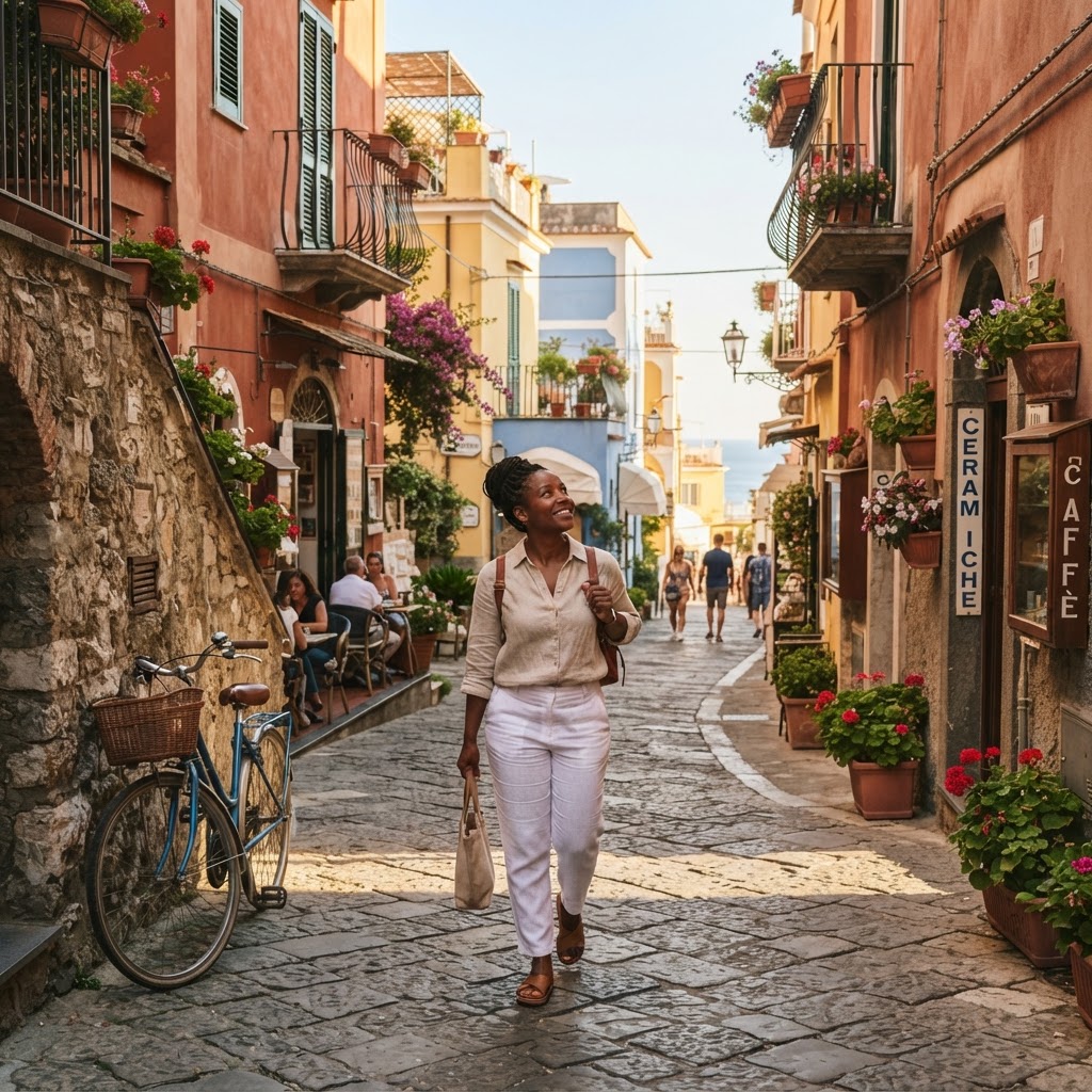 A Black woman in her 40s walking through a sunlit coastal town with a small backpack