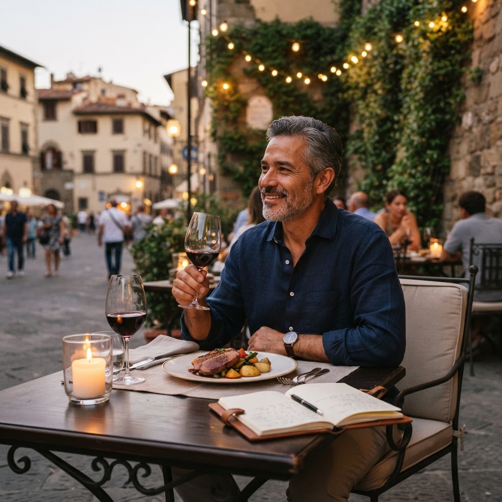 A Latino man in his 50s enjoying a solo dinner at a boutique hotel terrace
