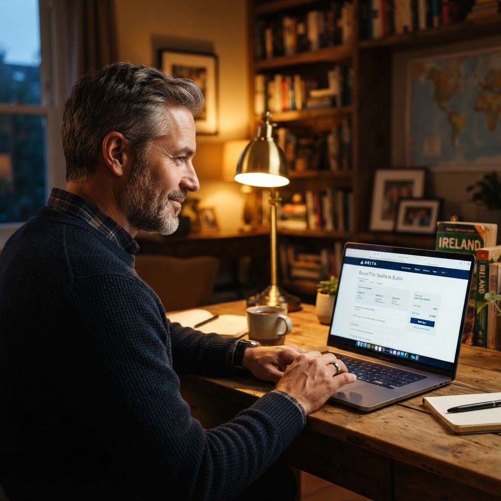 A man in his late 40s sitting at a warm-lit desk, contemplative, hand hovering over a laptop trackpad