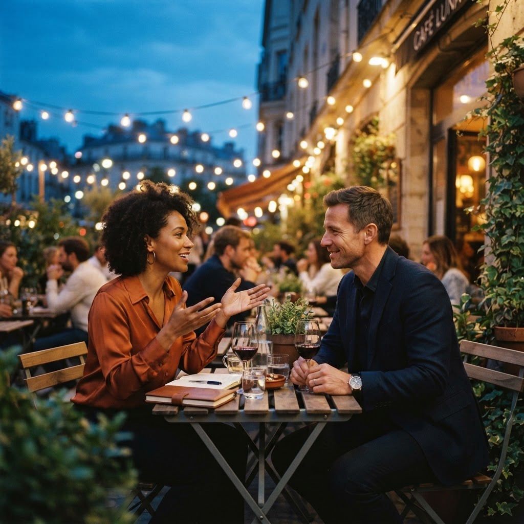 Two professionals — a mixed-race woman and a white man in their 40s — having a candid conversation on an outdoor café terrace at dusk