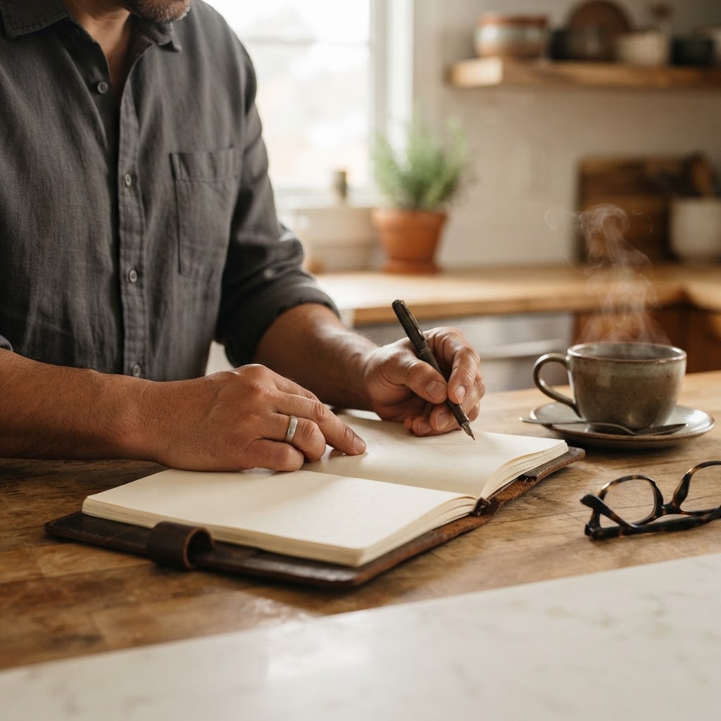 Close-up of a Latino man's hands writing names in a journal on a bright kitchen counter with a cup of tea